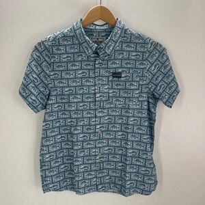 Burlebo Kids XL Fish Print Short Sleeve Button Down Shirt Blue White Fishing